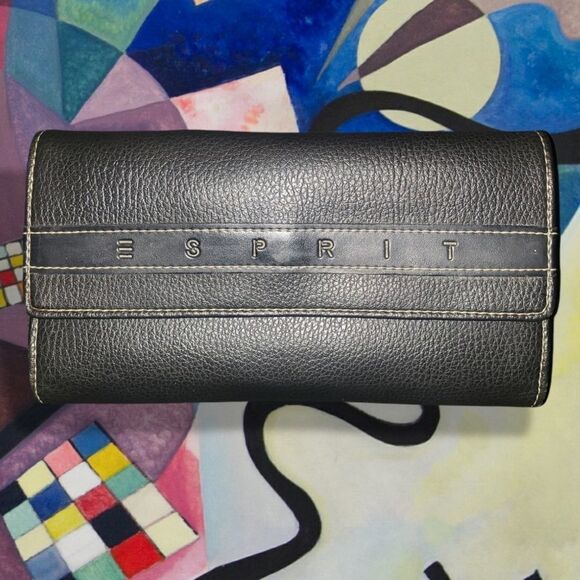 Vintage Esprit Women Black Faux Leather Long Checkbook Full Wallet - Picture 1 of 3